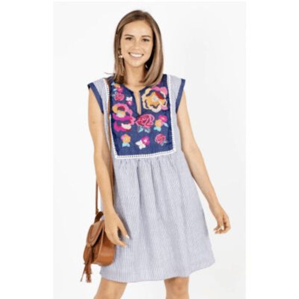 Savanna Jane Blue Striped Floral Embroidered Sleeveless Mini Dress Size Small